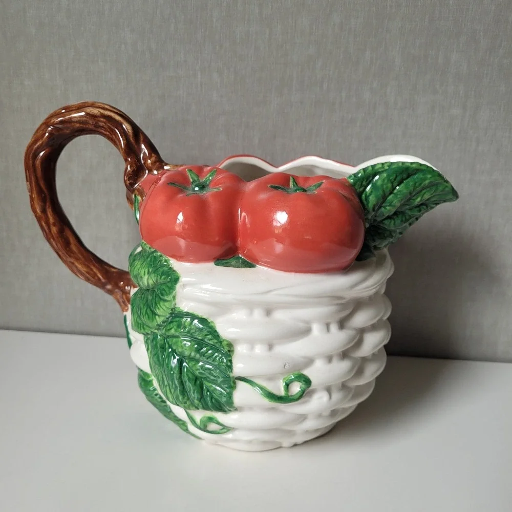 Vintage 1992 Fitzgerald & Floyd Ceramic Tomato Basket Pitcher 1 1/2 Qt | As-Is